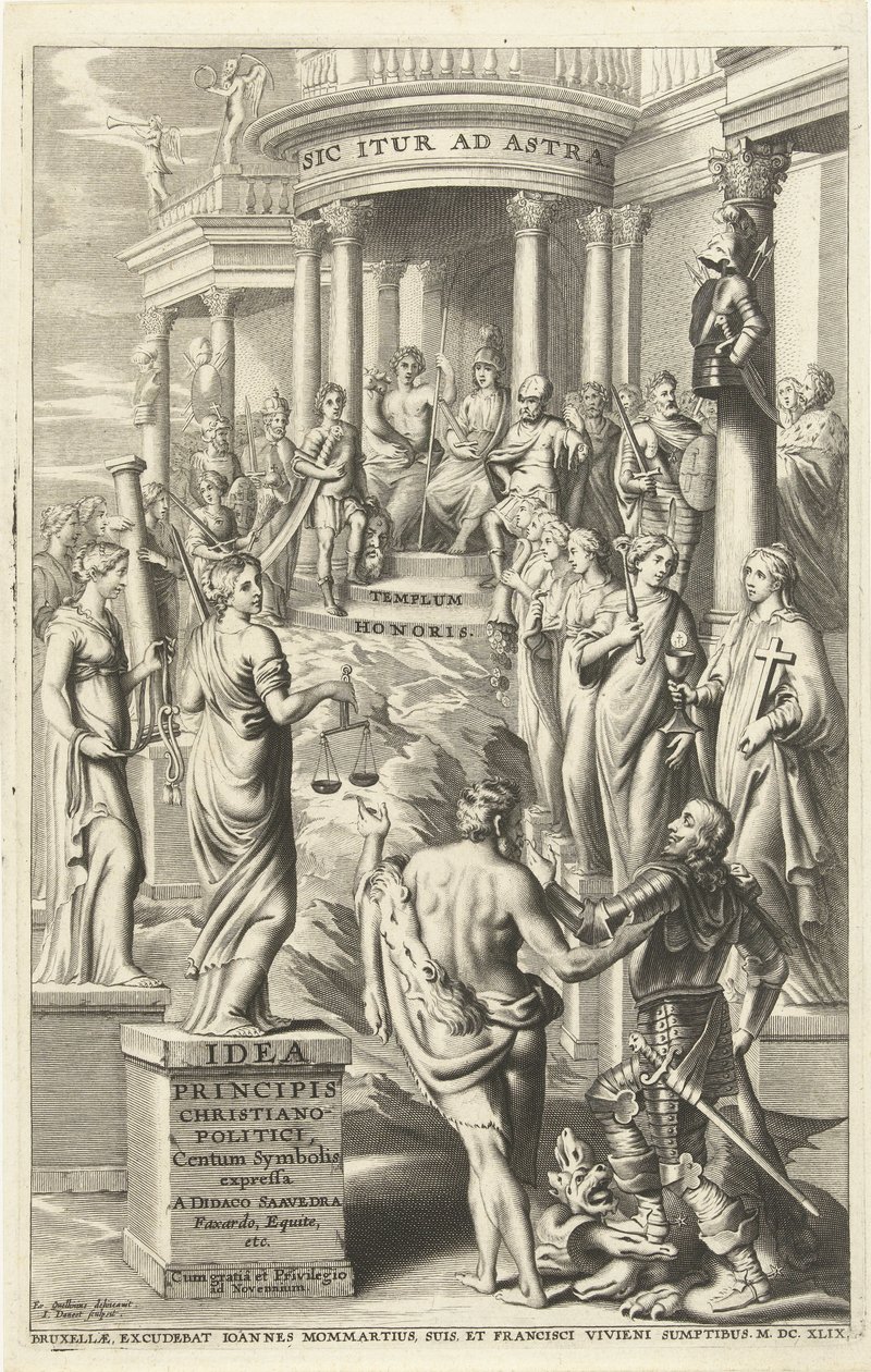 Hercules Leads Man Past Personifications of Virtues to Temple of Eternal Glory (Title Page for: Idea Principis Christiano-Politica, Centum Symbolis Expressa, Brussels 1649) by J. Danoot