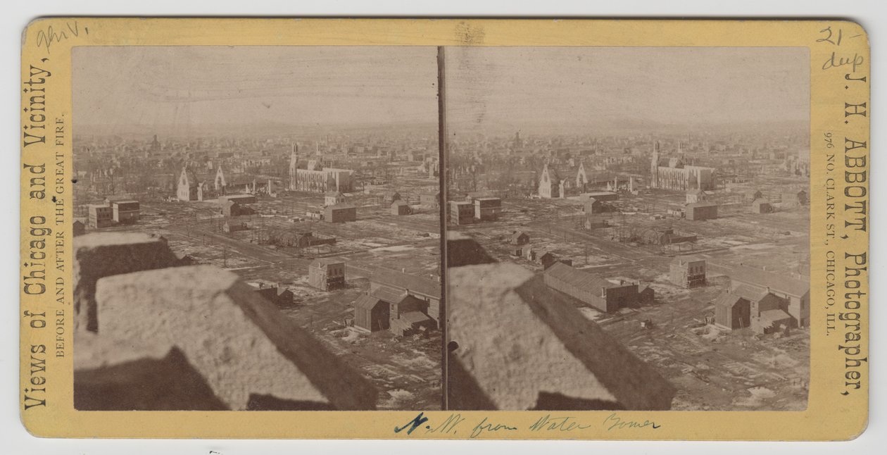 Stereograph of view northwest from Water Tower after the Chicago Fire of 1871 by J. H. Abbott