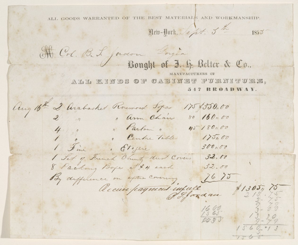 Bill of Sale to Col. B. S. Jordan, September 5, 1855 by J. H. Belter and Co. J. H. Belter and Co.