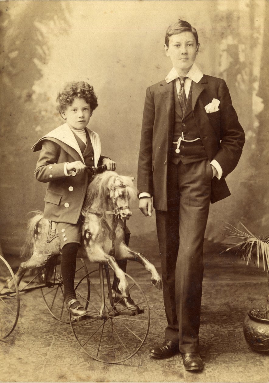 Young Boy on His Horse Mounted as a Tricycle, His Older Brother Alongside, 1880s by J. H. Killick