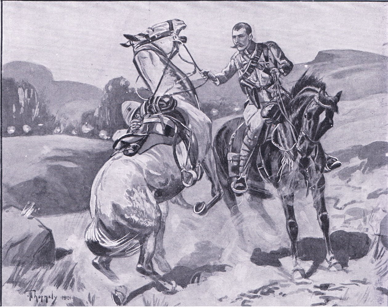 Major Brown, 14th Hussars, holding Lieutenant Brown