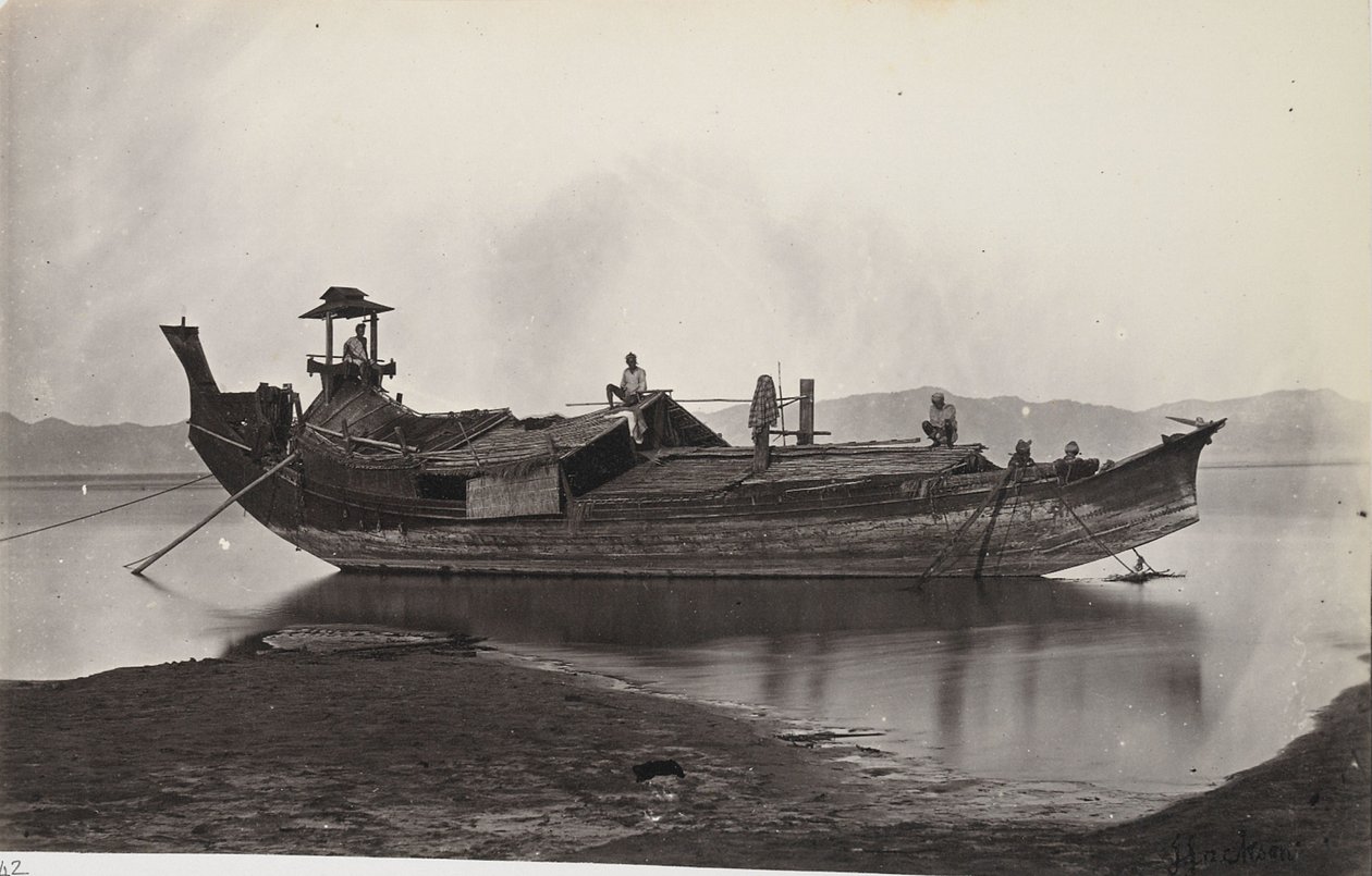 A Beam View of a Laung-Zat or Paddy Boat Moored at the Side of the Irrawaddy River by J. Jackson