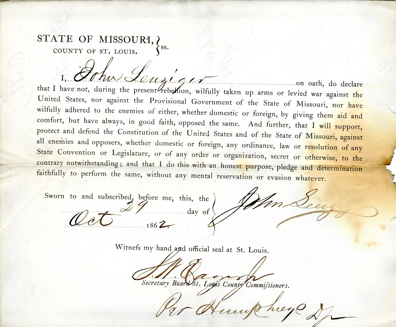Loyalty oath of John Leuziger of Missouri, County of St. Louis by J. Leuziger