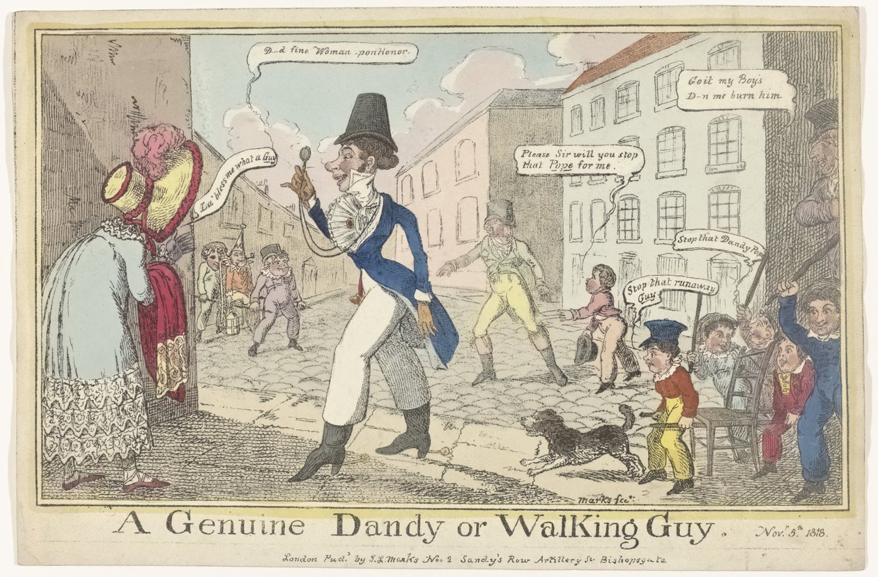 Caricature of the Dandy on Guy Fawkes Day (A Genuine Dandy or Walking Guy) by J. Lewis Marks
