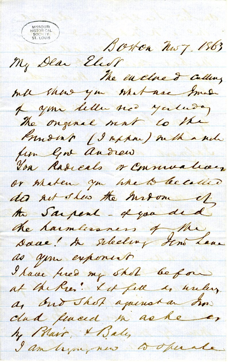 Letter signed J.M.F. [J.M. Forbes], Boston, to Eliot [William G. Eliot], November 7, 1863 by J. M. Forbes