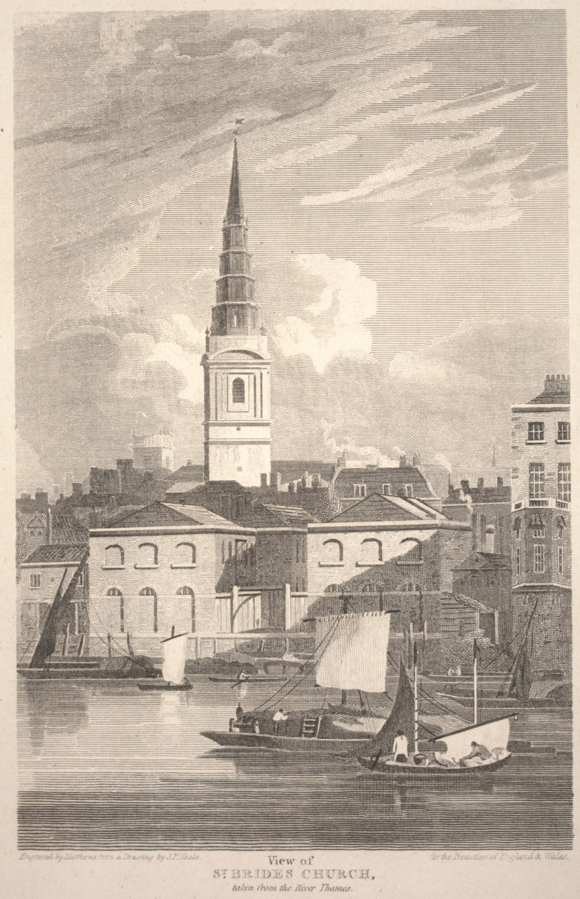 View of St. Brides Church, taken from the River Thames, engraved by Matthews by John Preston Neale