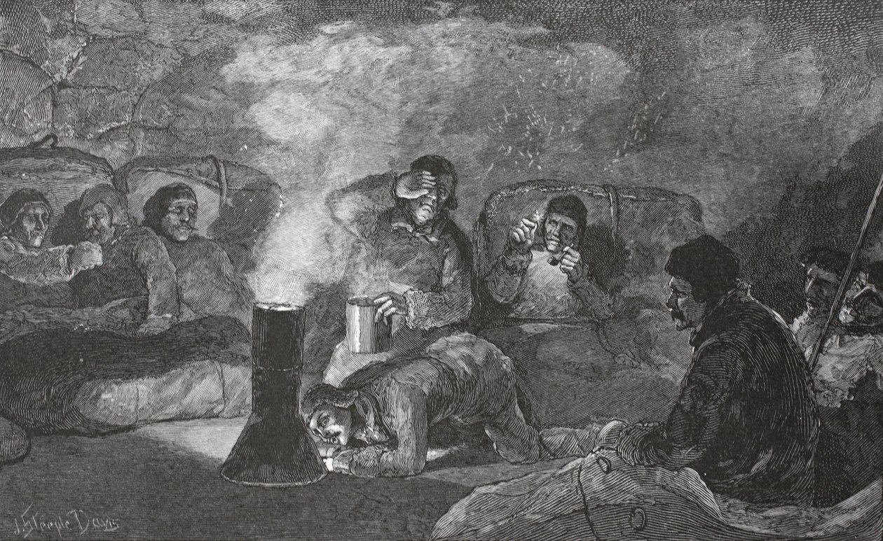 Interior of our Winter Hut at Camp Clay, during cooking, 1883 pub. London 1886 by J. Steeple Davis