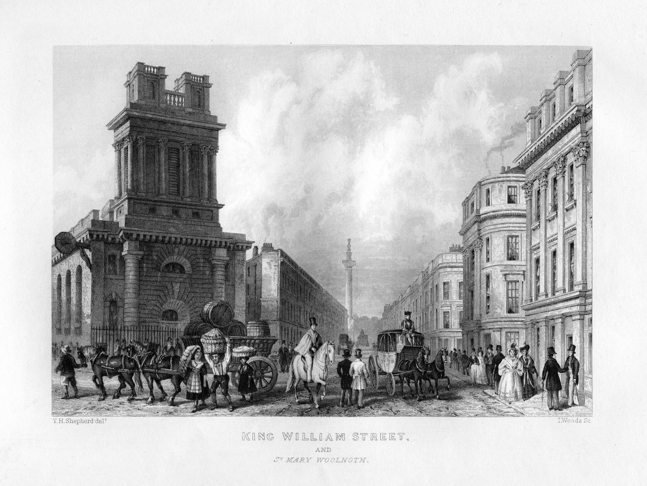 King William Street and St Mary Woolnoth, London, 19th Century by J. Woods