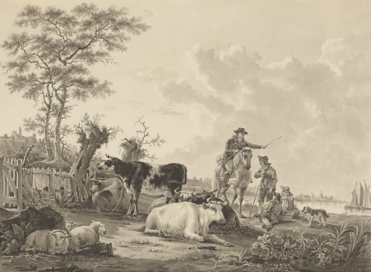Landscape with Cattle, Sheep, and Herders by Jacob van Strij