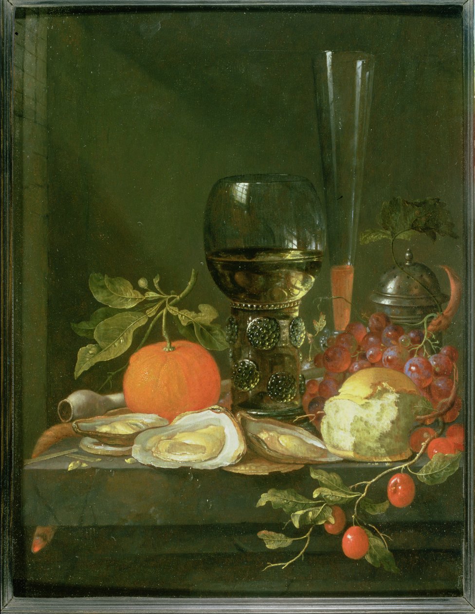 Still Life of Oysters, Grapes, Bread and Glasses on a Ledge by Jacob van Walscapelle