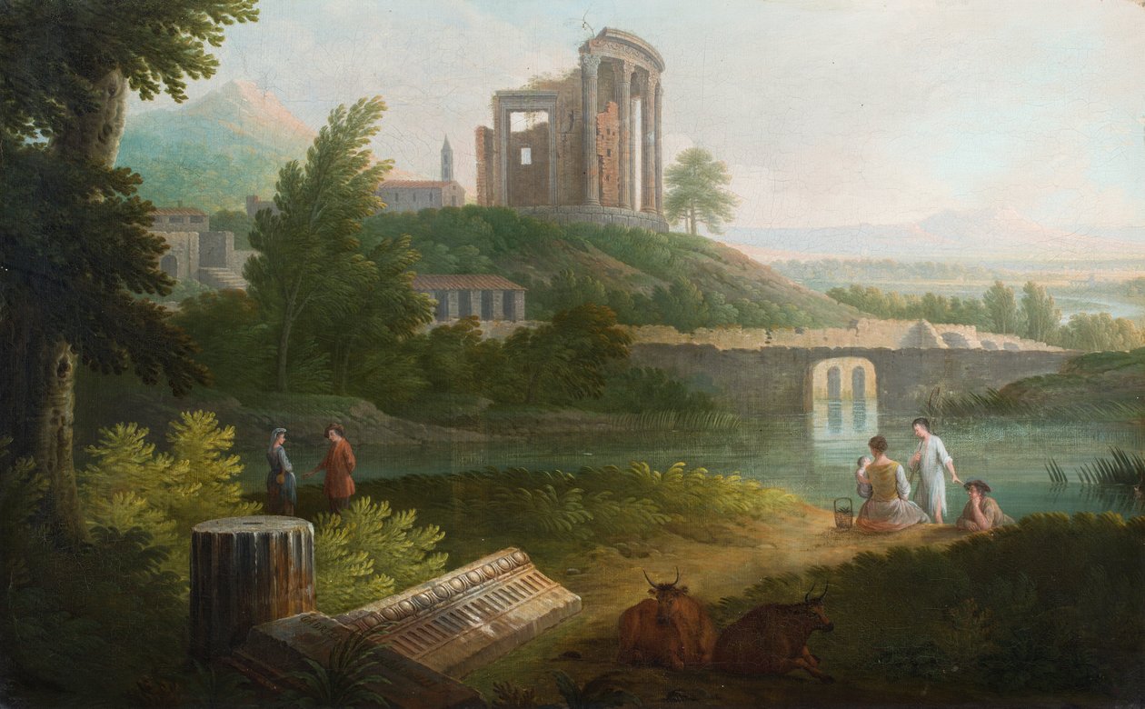 An Italian Pastoral Landscape with Classical Ruins on a Bluff Above a Lake by Jacob-Philippe (circle of) Hackert