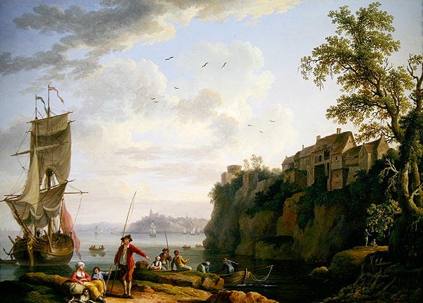 Fishermen by a Moored Vessel with a Village by Jacob-Philippe Hackert