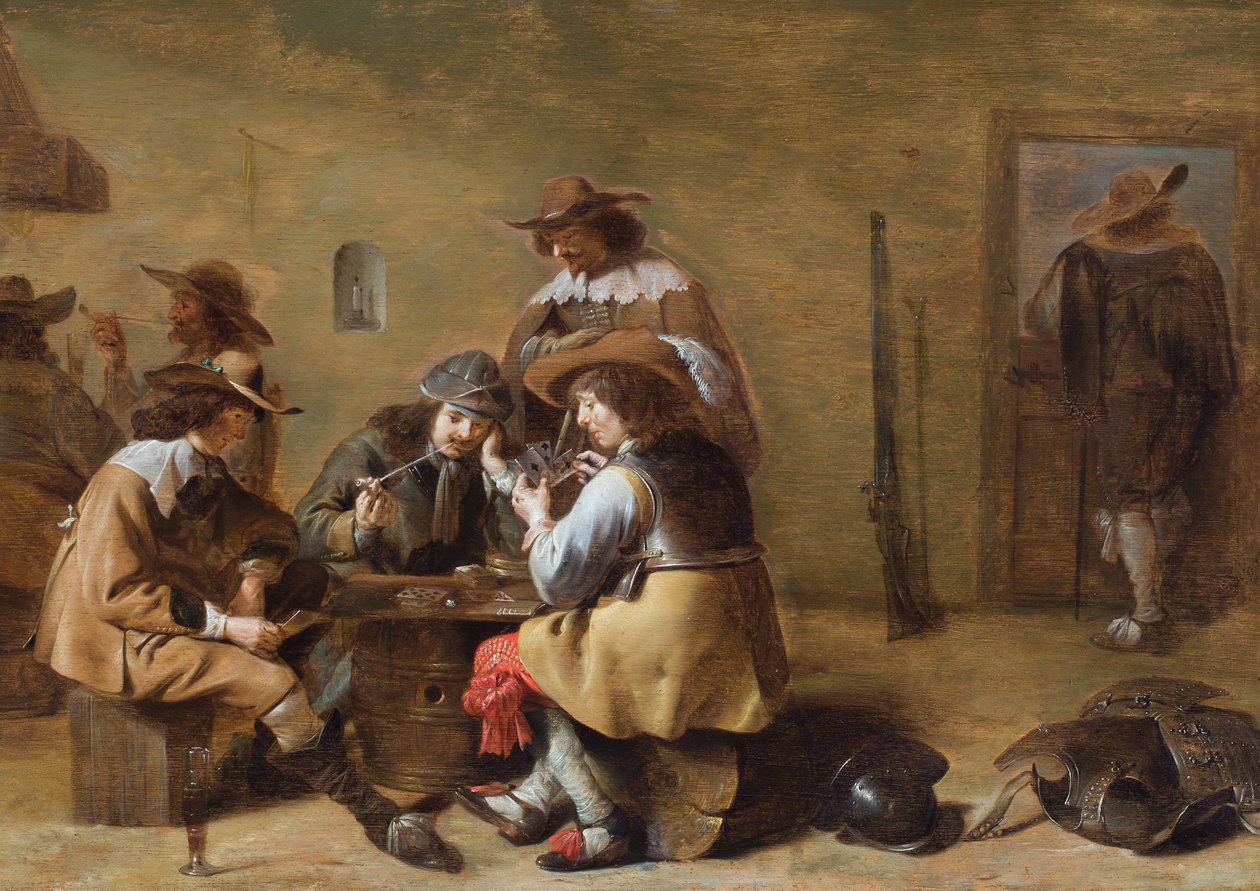 The Interior of a Guardroom with Cavaliers Playing Cards by Jacob (attr.to) Duck