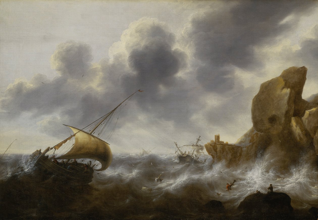 A Fishing Boat off a Rocky Coast in a Storm with a Wreck by Jacob Adriaensz. Bellevois