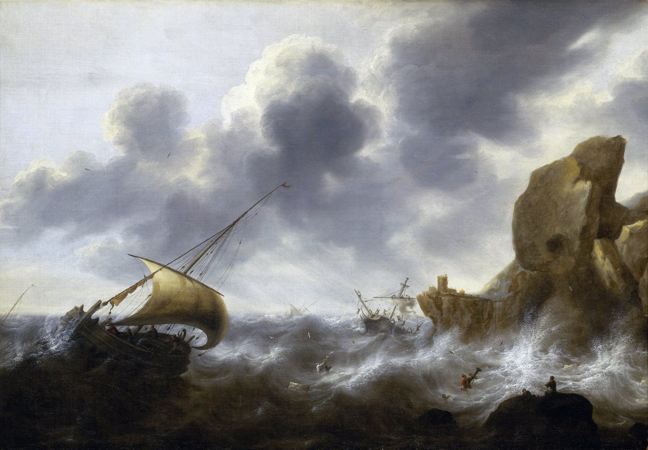 A fishing boat caught in a storm near a rocky coast, with a shipwreck by Jacob Adriaensz. Bellevois