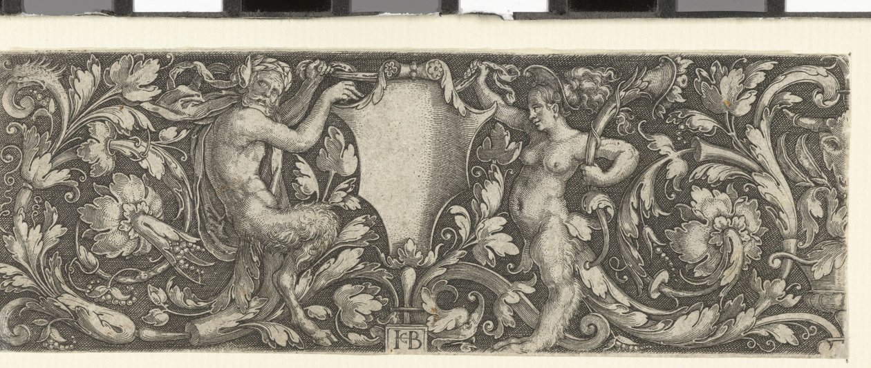 Frieze with a Shield Carried by a Male and Female Satyr by Jacob Binck (signed by artist)