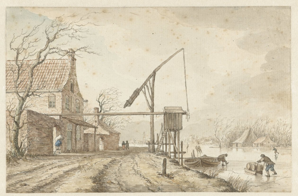 Winter Landscape with Houses and a Lever along a Frozen Canal by Jacob  Cats