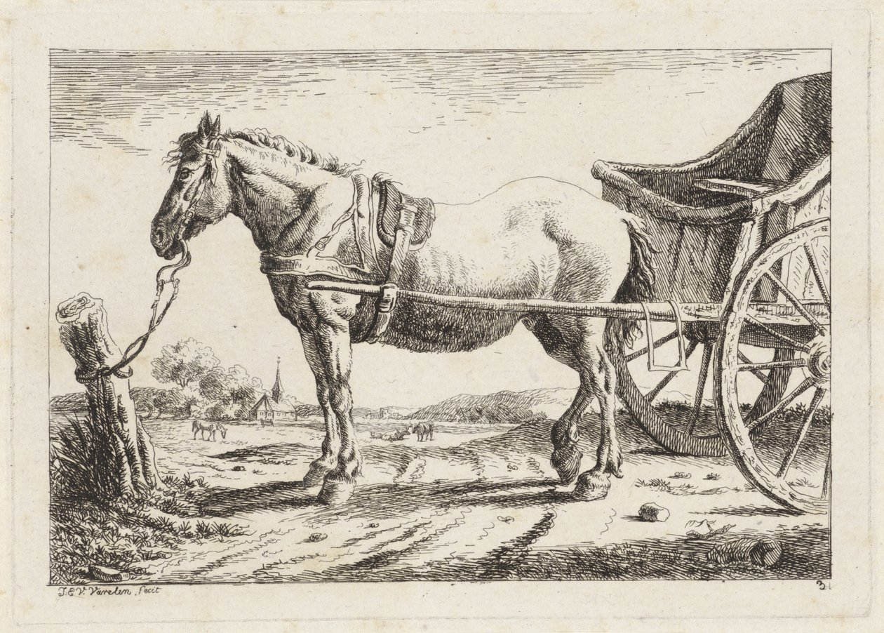 Standing Horse Harnessed to a Wagon (series: Six Prints after Drawings by Various Masters) by Jacob Elias van Varelen