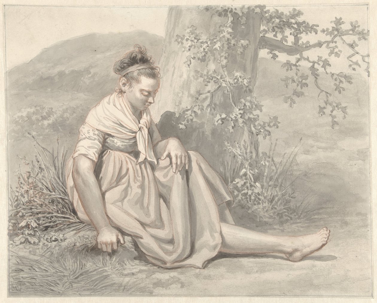 Peasant Girl Sitting on the Ground Next to a Tree by Jacob Ernst Marcus