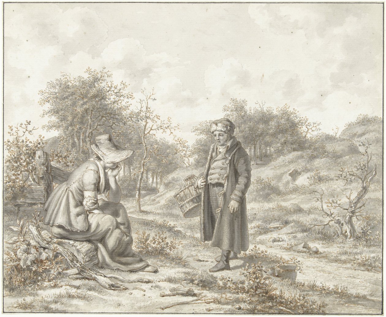Hilly Landscape with Seated Woman and Standing Man with Basket by Jacob Ernst Marcus
