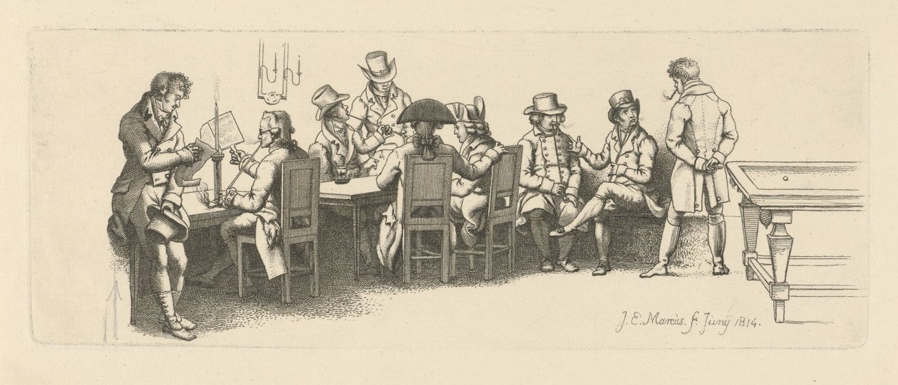 Men in a coffee house with a Billiard room by Jacob Ernst Marcus