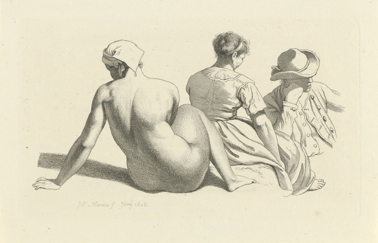 Study Sheet with a Seated Nude and Two Figures (series title: Study Prints) by Jacob Ernst Marcus