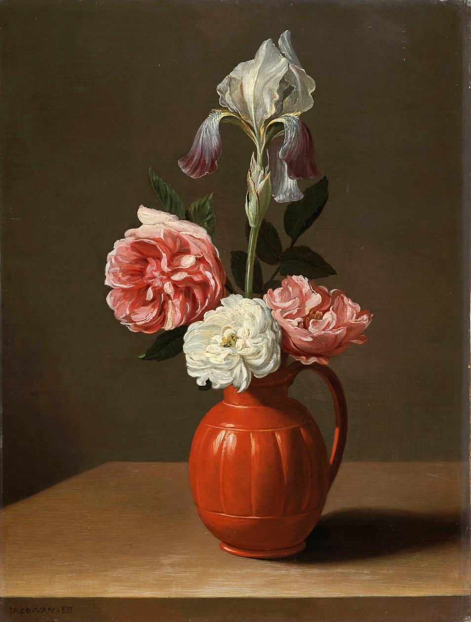 An Iris and Three Roses in an Earthenware Pot by Jacob  Foppens van Es