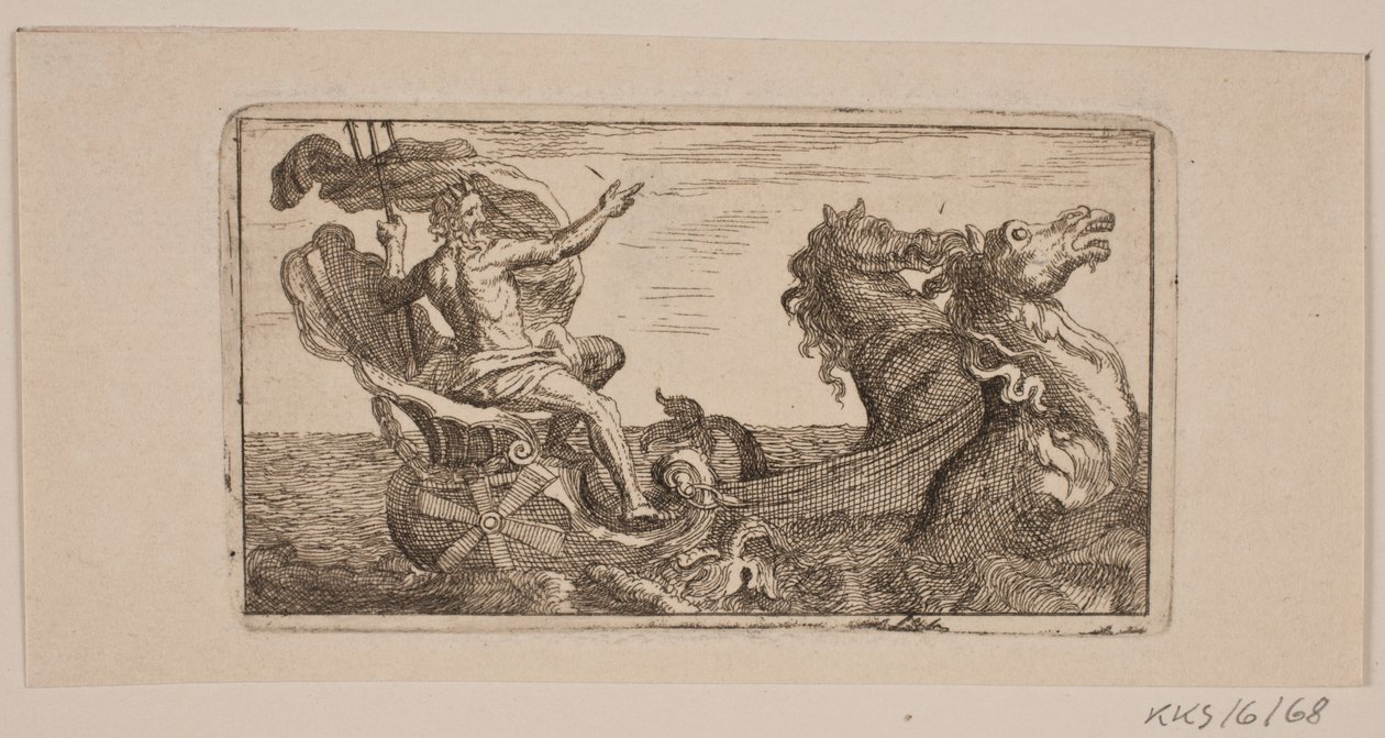 Neptune. Illustration to Jacob Fosie, "Lære-Klude [...] eller Prøver paa Kaaber, Slibe, Grunde, Naale, Etz-Vand, Sverte, Viske, Lade og Trykke fra Aar 1741 til Aar 1743" by Jacob Fosie