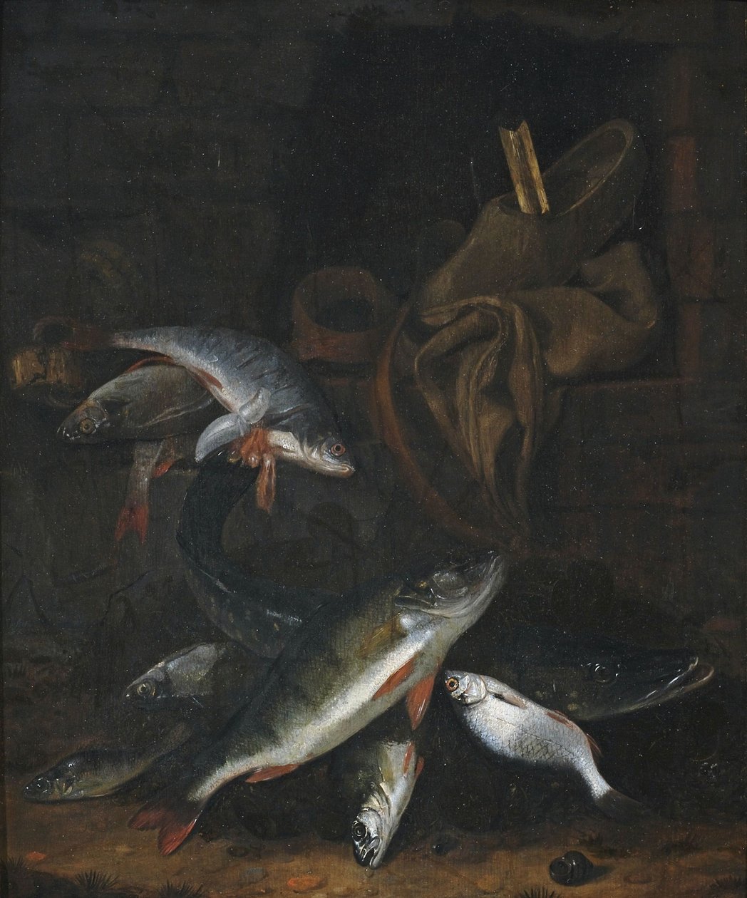 Fish Still Life with Pike and Bream by a Wall by Jacob Gillig