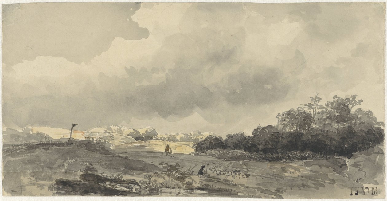 Landscape with Shepherd under Heavy Cloudy Sky by Jacob Jan van der Maaten