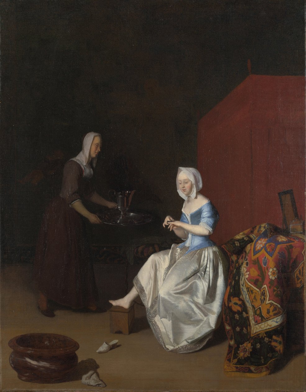 A Young Lady trimming her Fingernails, attended by a Maidservant by Jacob Lucasz. Ochtervelt