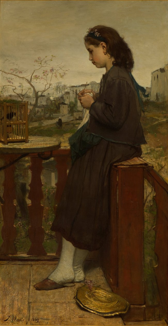 Girl Knitting on a Balcony, Montmartre by Jacob Maris