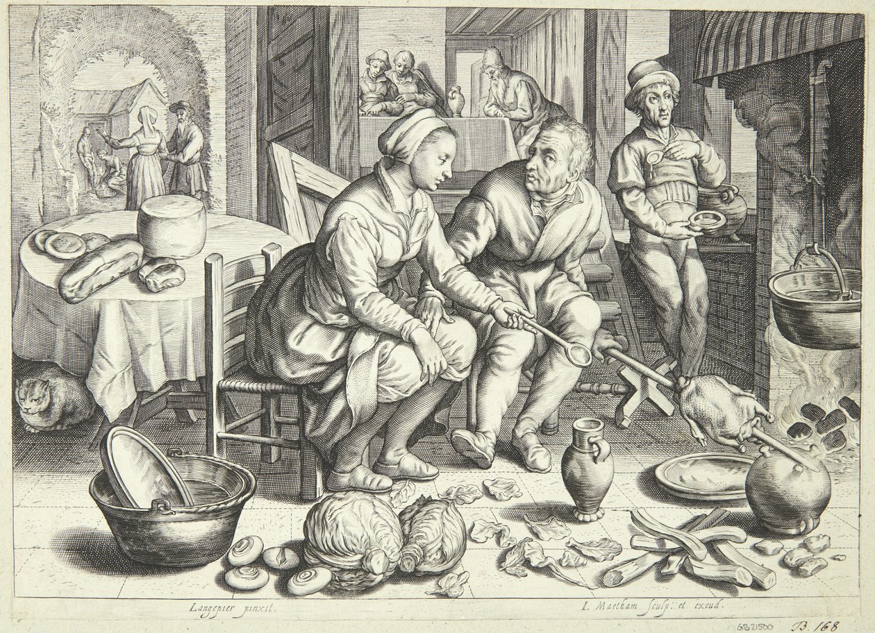 Kitchen Scene with a Man and a Woman Roasting a Chicken by Jacob Matham