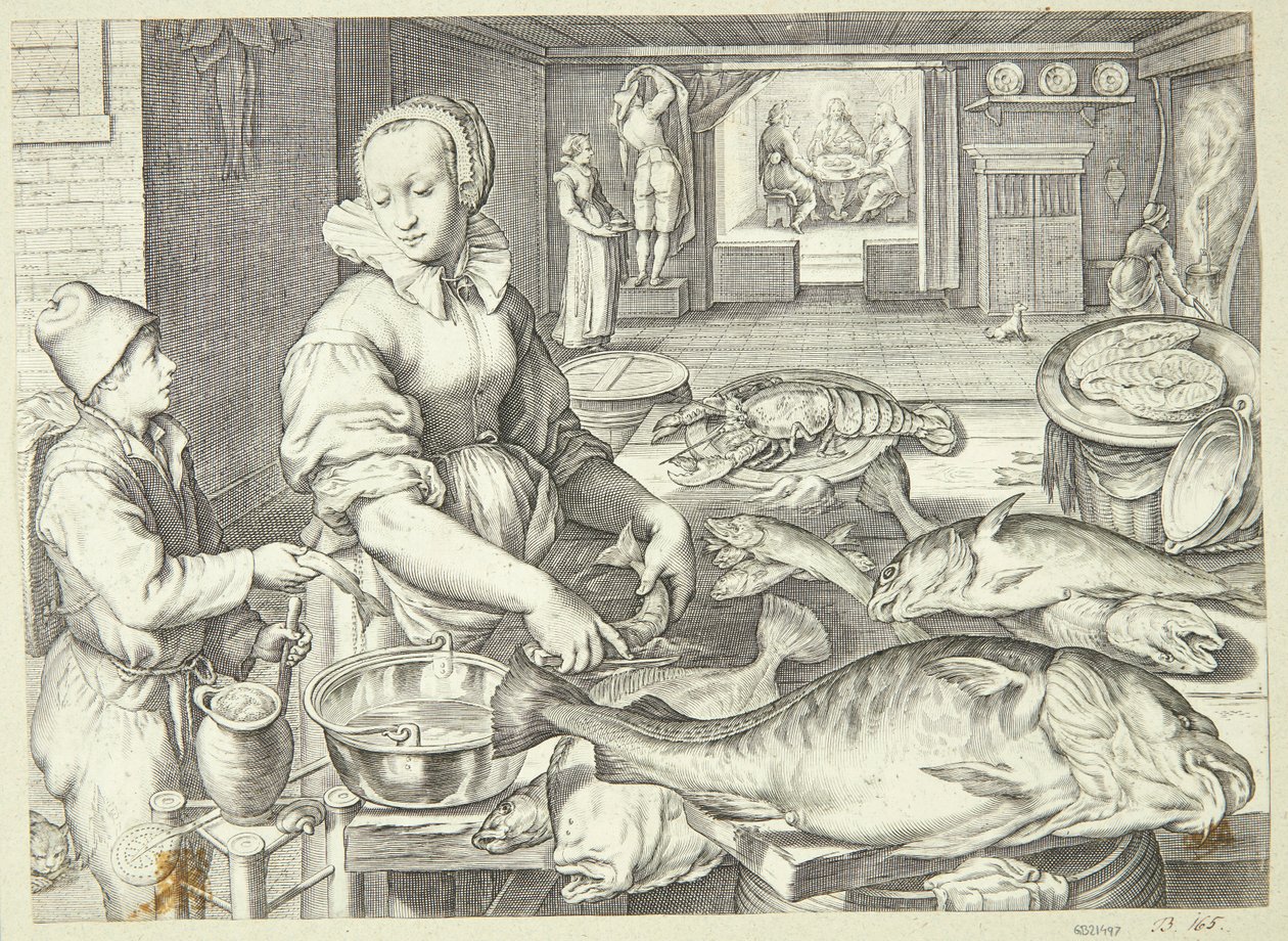 Kitchen Scene with a Cook Cleaning Fish by Jacob Matham