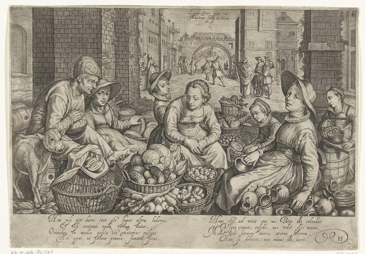 Market Scene with the Parable of the Workers in the Vineyard in the Background, ca. 1600 by Jacob Matham