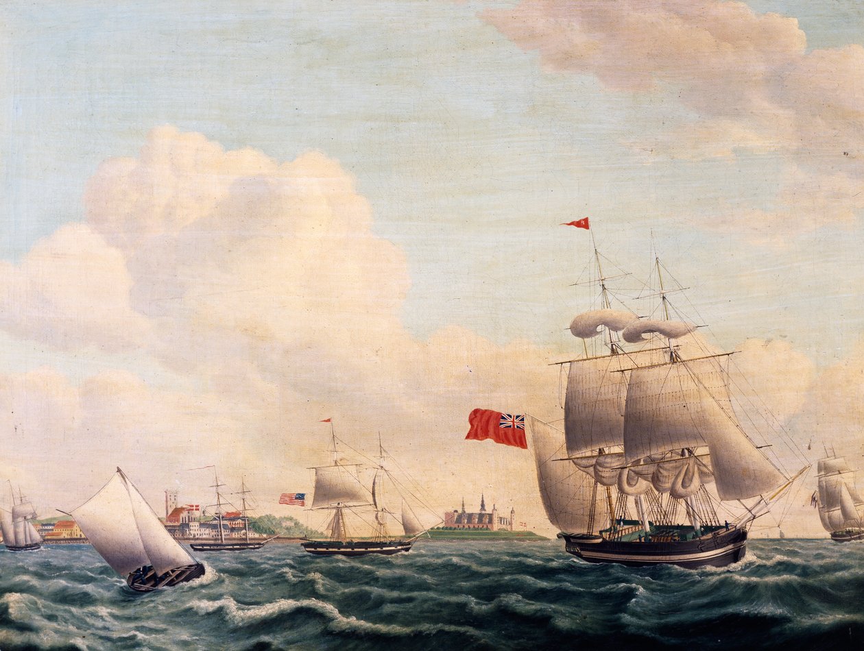 Ships Sailing through Oresund Strait between Sweden and Denmark with Kronborg Castle in Background by Jacob Petersen