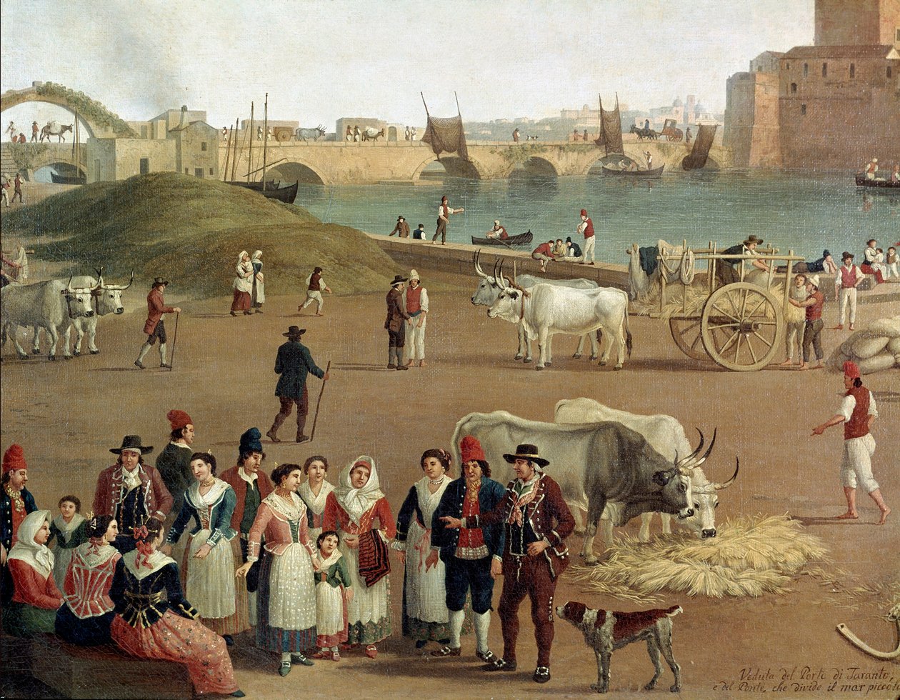 View over Taranto harbour, detail of commercial activities, workers and people in traditional dress by Jacob Philippe Hackert