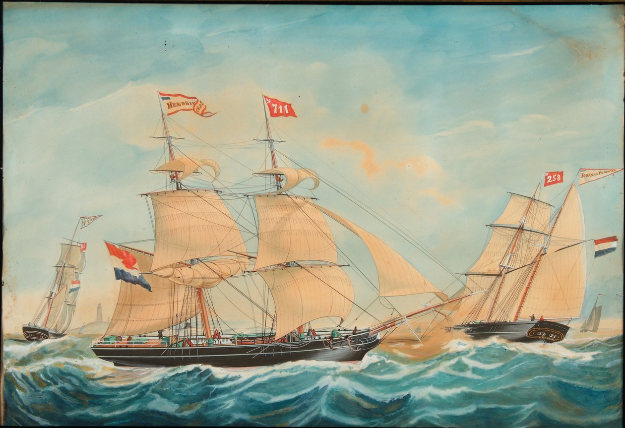 The Hendrika Bartina and the Johanna Hendrika sailing near the shore by Jacob Spin
