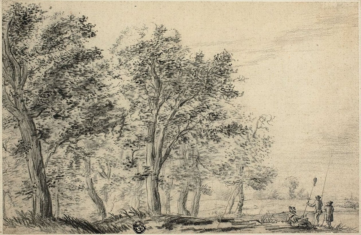 Wooded River Landscape with Three People Fishing by Jacob van Ruisdael