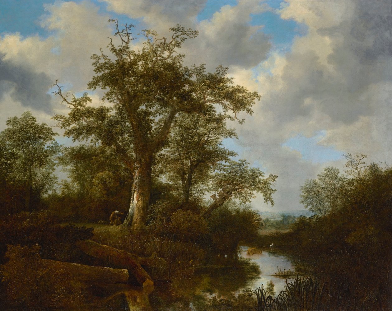 Wooded landscape with cattle crossing a stream by Jacob van Ruisdael