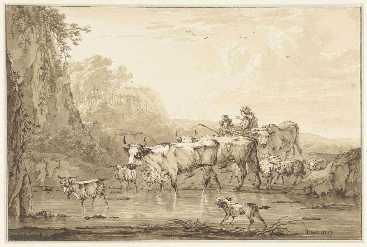 Shepherd and Shepherdess with Cattle and Sheep by a Pool by Jacob van Strij