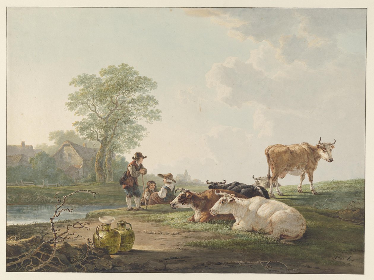 Peasants with Resting Cattle in a Dutch Landscape by Jacob van Strij