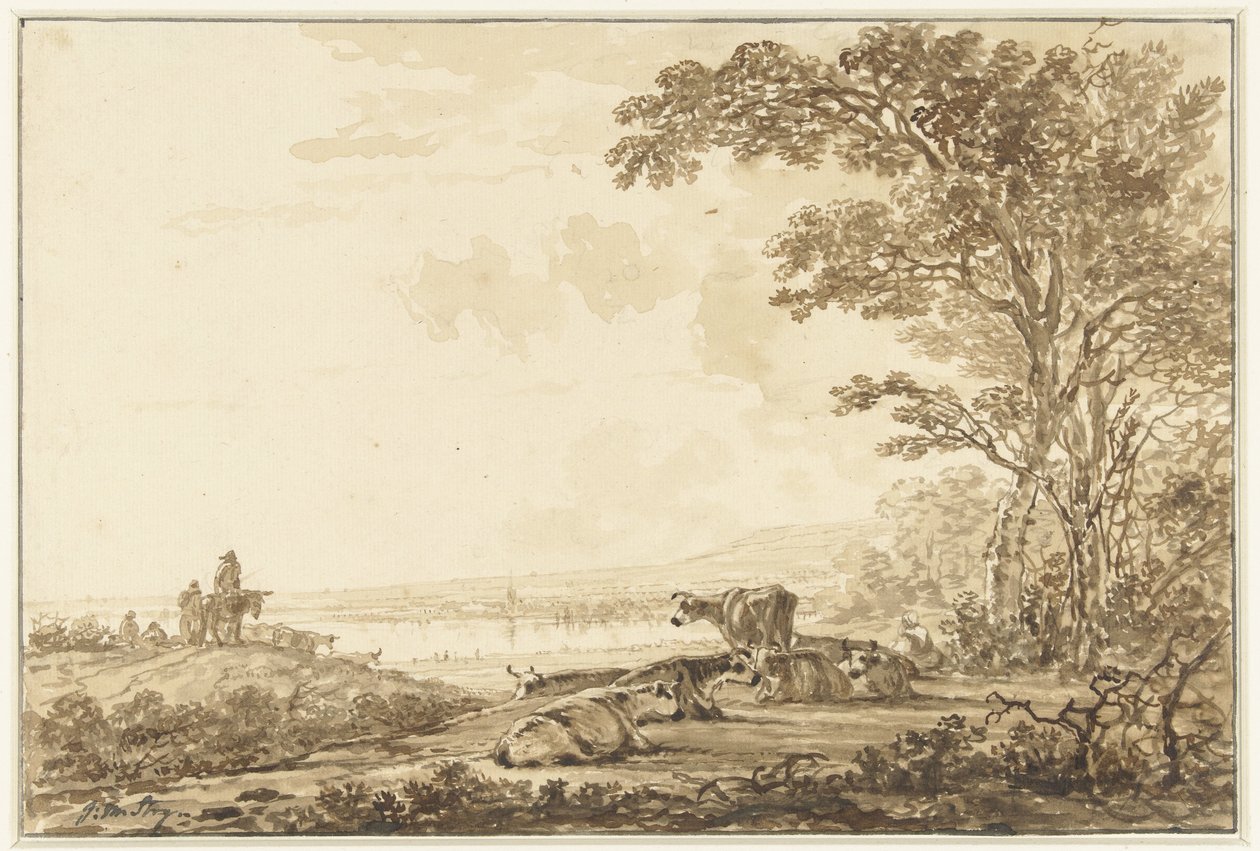 River Landscape with Resting Cattle by Jacob van Strij