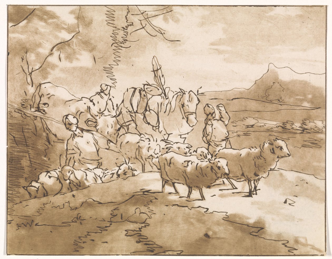 Shepherds with Cattle in a Mountain Landscape by Jacob van de Velde (graveur)