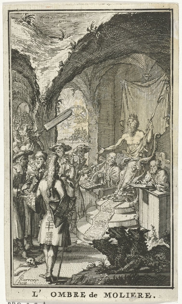 Molière Before the Judges of Pluto (The Shadow of Molière) (Title Page for: The Shadow of Molière, 1683) by Jacobus Harrewijn