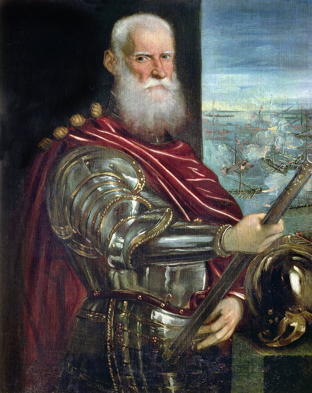 Portrait of Sebastiano Vernier, Commander-in-Chief of the Venetian forces in the war against the Ottoman Empire with the battle of Lepanto in the background by Jacopo Robusti Tintoretto