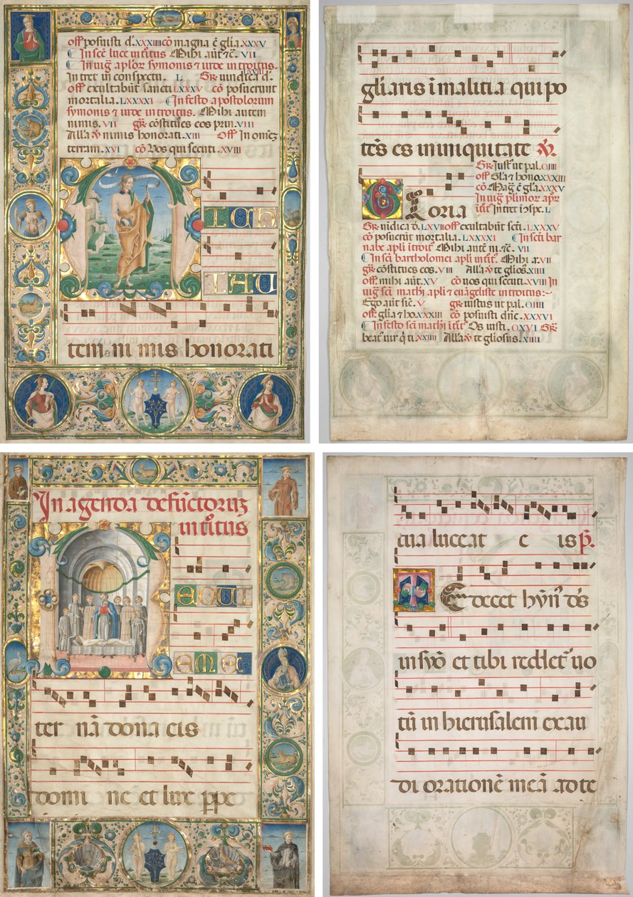 Pair of Graduals: Initial (M) with St. Andrew (recto) and Mass for the Dead (recto) by Jacopo Filippo d