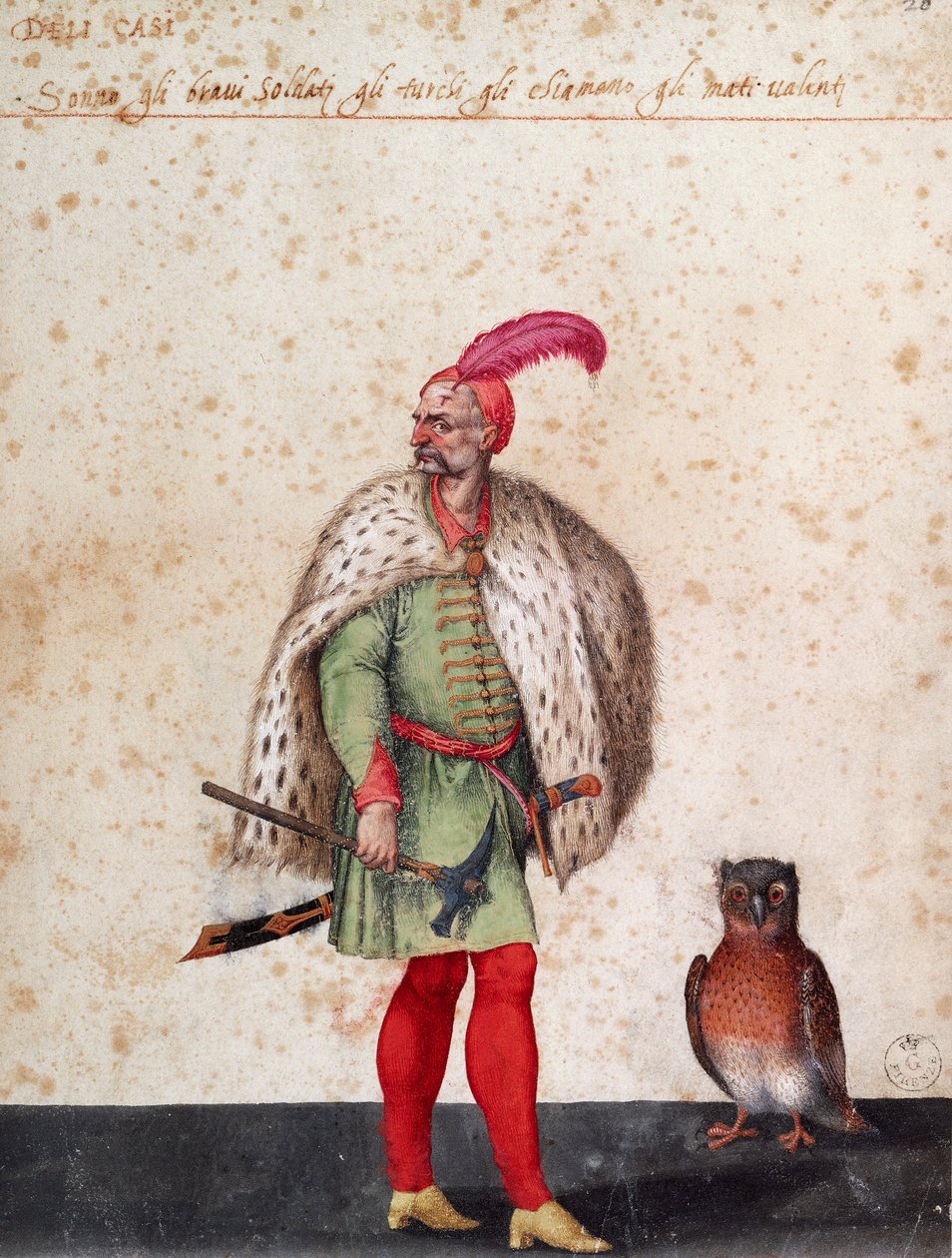 Turkish soldier with owl, drawing by Jacopo Ligozzi by Jacopo Ligozzi