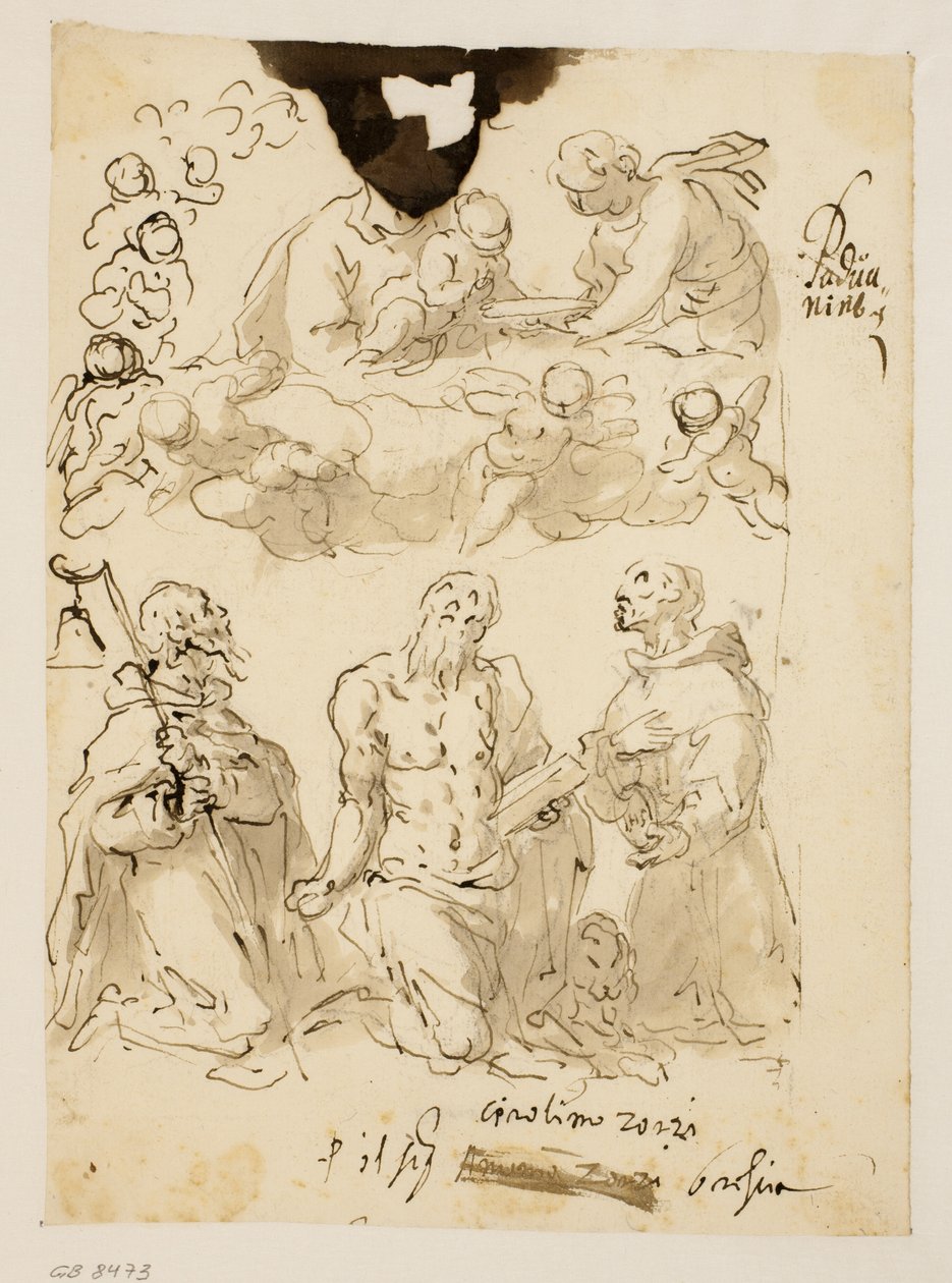 Sts Antony, Jerome and Bernardino Kneeling, with the Virgin and the Infant Christ Surrounded by Child Angels Beyond by Jacopo Palma