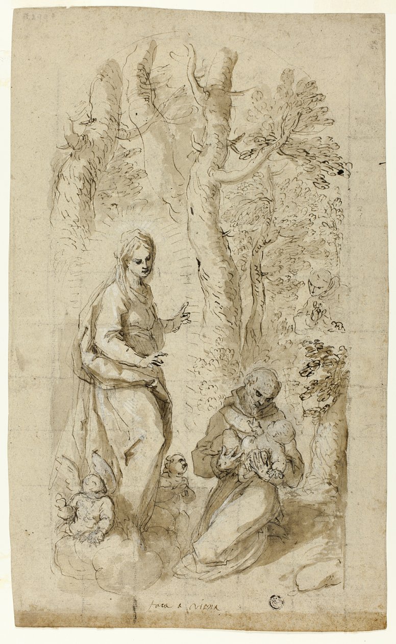 Vision of St. Francis of Assisi (recto); Saint Jerome, Vision of Saint Francis, and Two Small Sketches of St. Francis Holding the Christ Child (verso) by Jacopo Palma il Giovane